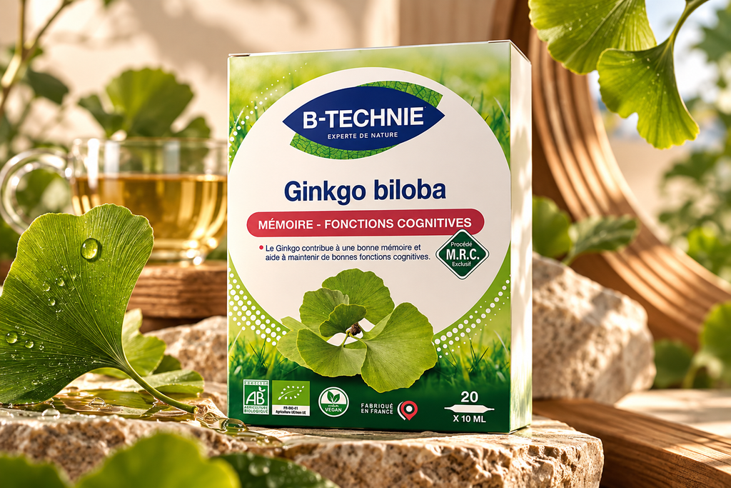 Embalagem frontal do Ginkgo biloba Bio Biotechnie, com 20 ampolas de 10 ml