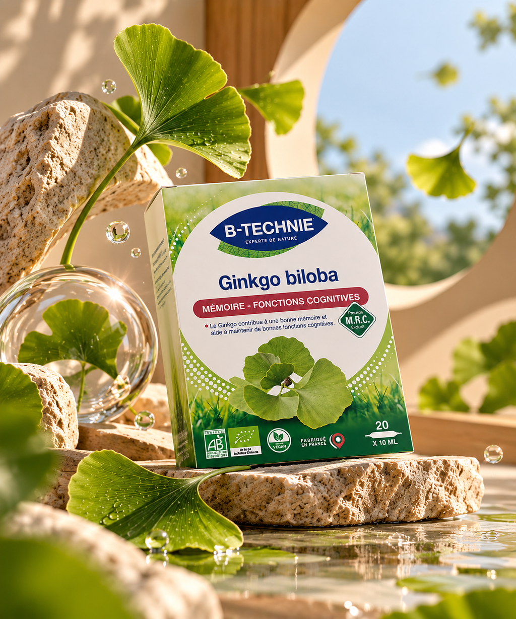 Caixa de Ginkgo biloba Bio Biotechnie com 20 ampolas, rodeada por folhas de ginkgo