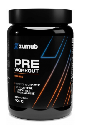 Pré-Treino Zumub 300 g sabor laranja, frente da embalagem