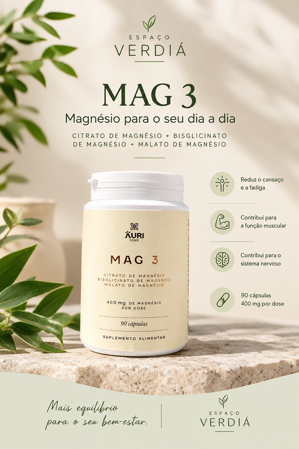 MAG 3 – Trio de Magnésio Premium | 90 Cápsulas