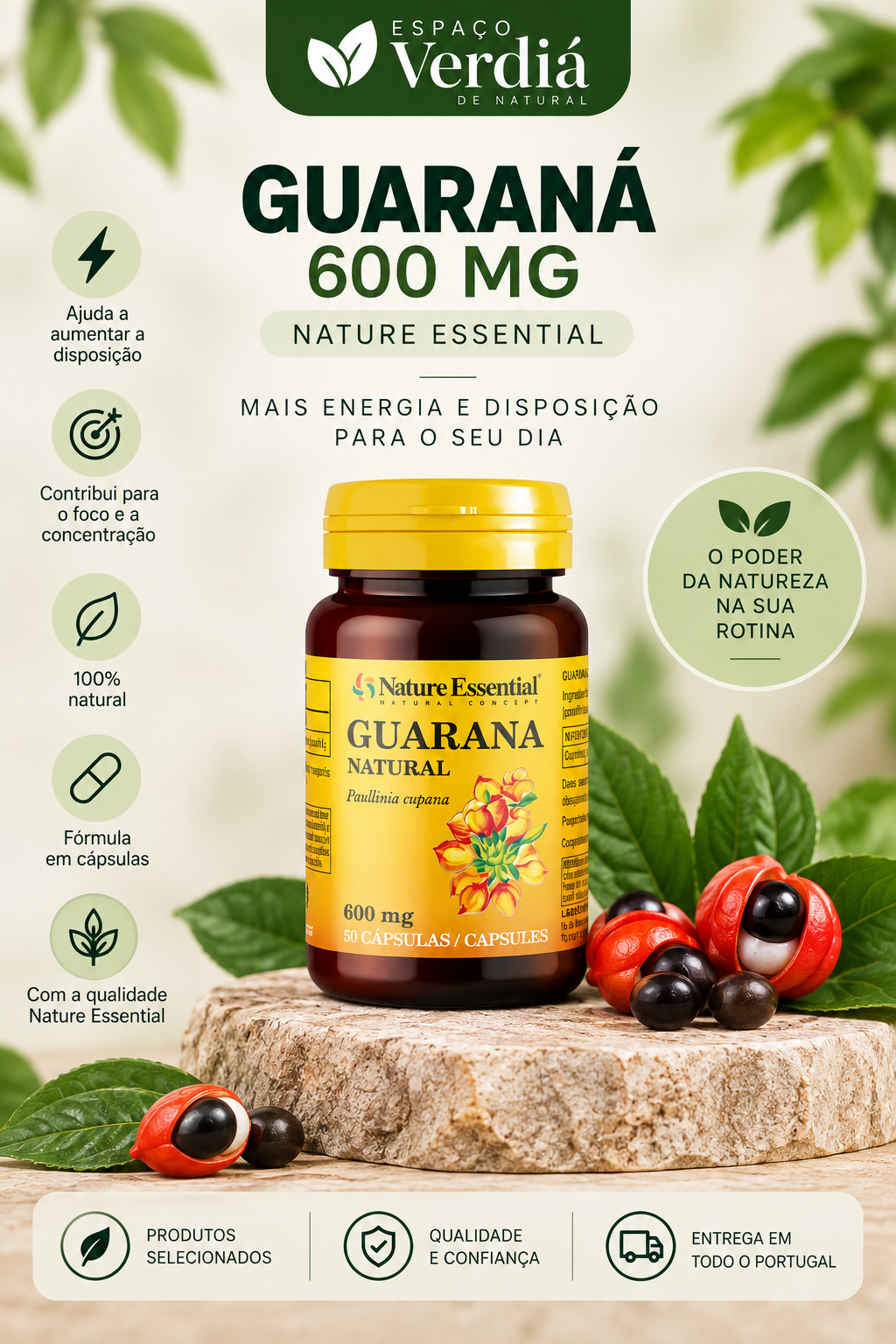 Guaraná Natural 600mg Nature Essential | 50 Cápsulas