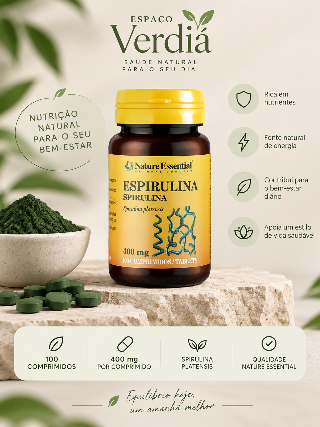 Espirulina – Nature Essential 400mg | 100 Comprimidos