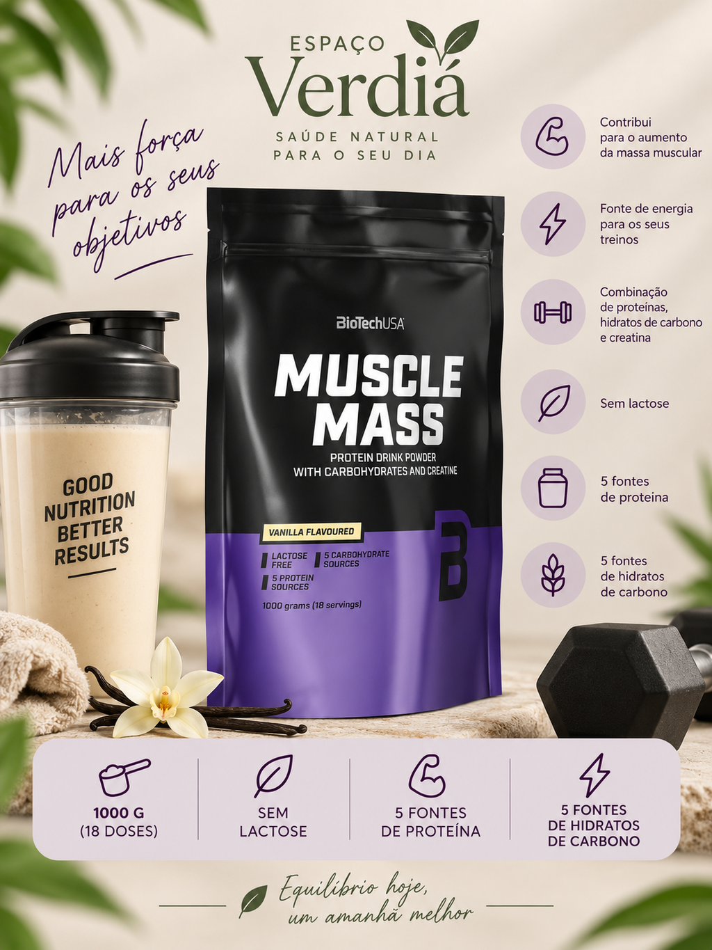 BioTechUSA Muscle Mass 1000g – Proteína com Hidratos e Creatina